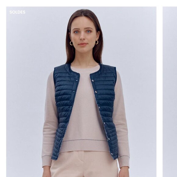 Devernois women's reversible (navy to navy & white) down sleeveless jacket sz S - Picture 2 of 9